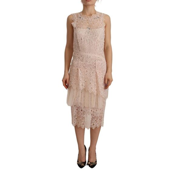 Ermanno Scervino Sheath Tiered Beige Viscose Sleeveless Midi Women's Dress